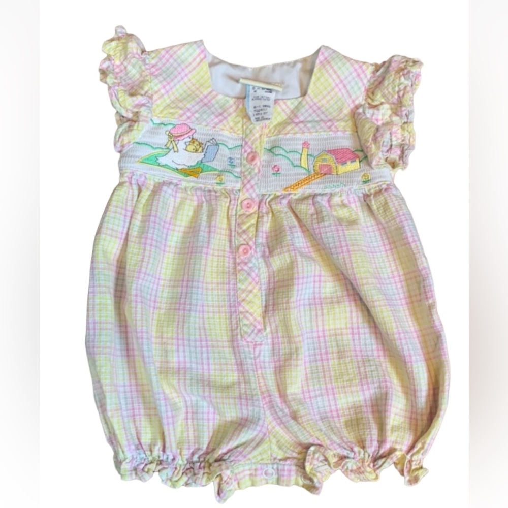 Vintage Baby Togs pink and yellow plaid romper with Mother Goose Size 6-9 Months